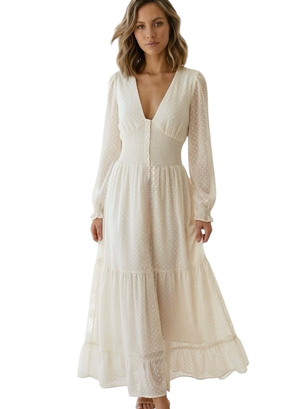 PATRONS OF PEACE New Cream Long Sleeve Swiss Dot Tiered Ruffle Maxi Dress Large